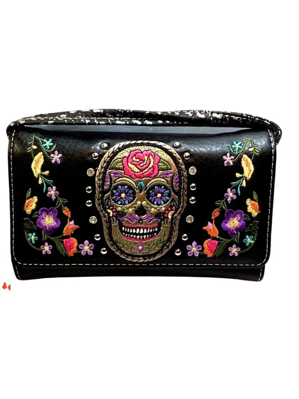 Women's Black Rose Skull Embroidered Rhinestone Tri-Fold Wallet Purse Cross Body